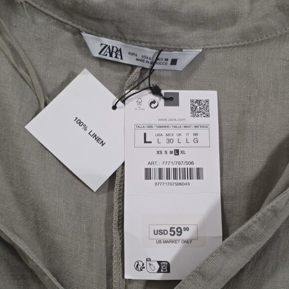 Zara Shirt Dress L Khaki Green Linen LS Roll Up Tab Slits Buttons Coastal Boho - Picture 4 of 16
